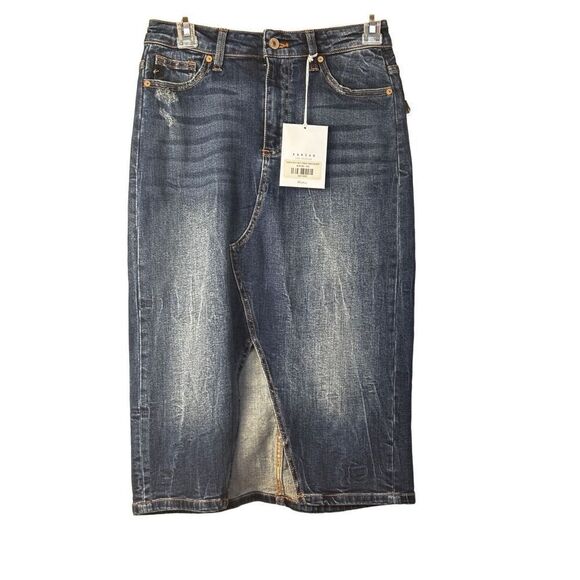 Kancan new with tags denim skirt knee length with slit up the middle distressed - Picture 1 of 12